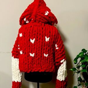 Chunky Red and White Knit Hooded Sweater